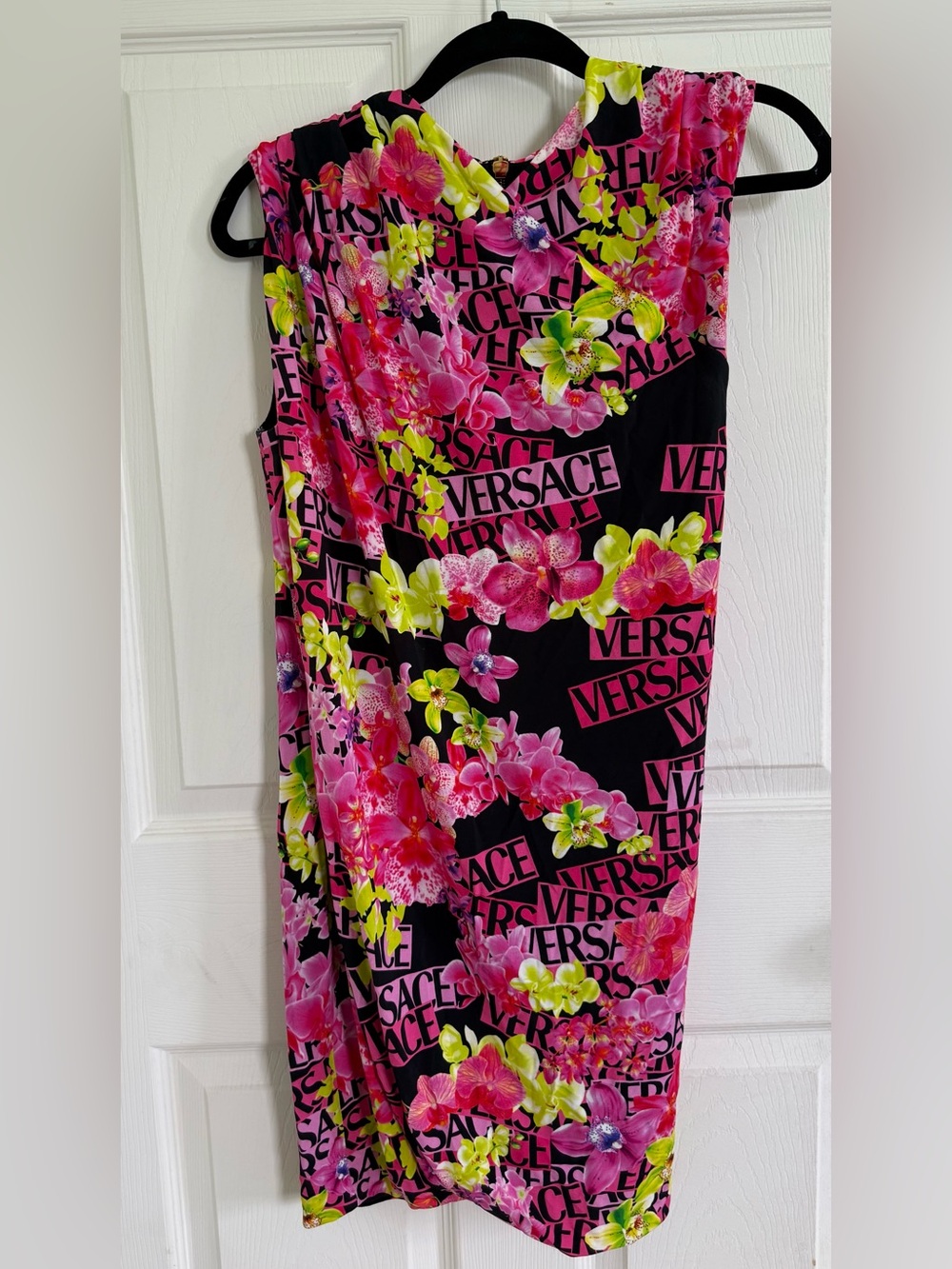 Versace Floral Logo Sheath Dress — Pink & Neon Green on Black